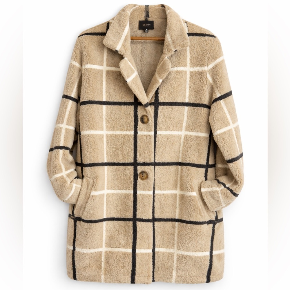 Anthro Teddy Coat Beige Plaid Fuzzy Jacket Cozy Longline Windowpane M